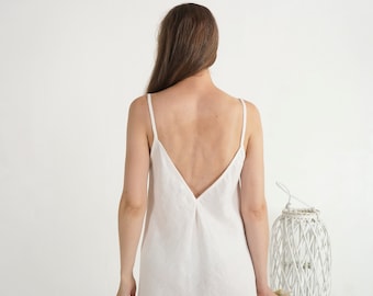 Offener Rückenfreier Leinen Brautkleid, Boho Brautkleid, V-Ausschnitt Spaghettiträger Creme Weiß - YAMUNA