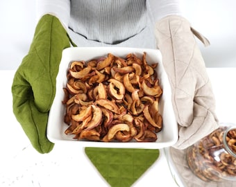 May include: A white ceramic dish filled with dried apple slices. The dish is being held by two hands wearing oven mitts, one green and one beige.