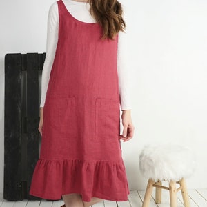 Linen Apron Dress with Ruffles. Washed Linen dress. Oversize Linen tunic. Pinafore Linen dress. Linen romper with pockets - ORINOCO