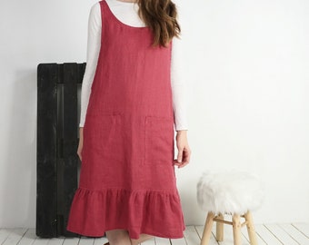 Linen Apron Dress with Ruffles. Washed Linen dress. Oversize Linen tunic. Pinafore Linen dress. Linen romper with pockets - ORINOCO