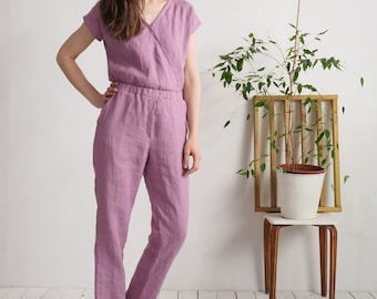 100% Stone Washed Linen Jumpsuit, V-Neck, Short Sleeve, Pockets – PARANA