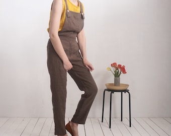 Linen Dungarees Jumpsuit, Natural Stone Washed Fabric, Casual Women's Romper - SHANNON