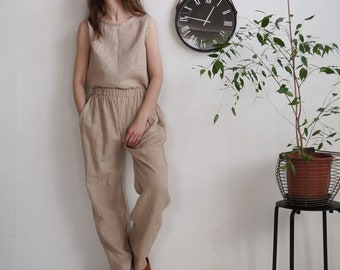 Sustainable linen clothing. Linen top and pants set. Linen blouse and pants. Summer linen outfit. Women linen pantsuit. Linen clothing set.