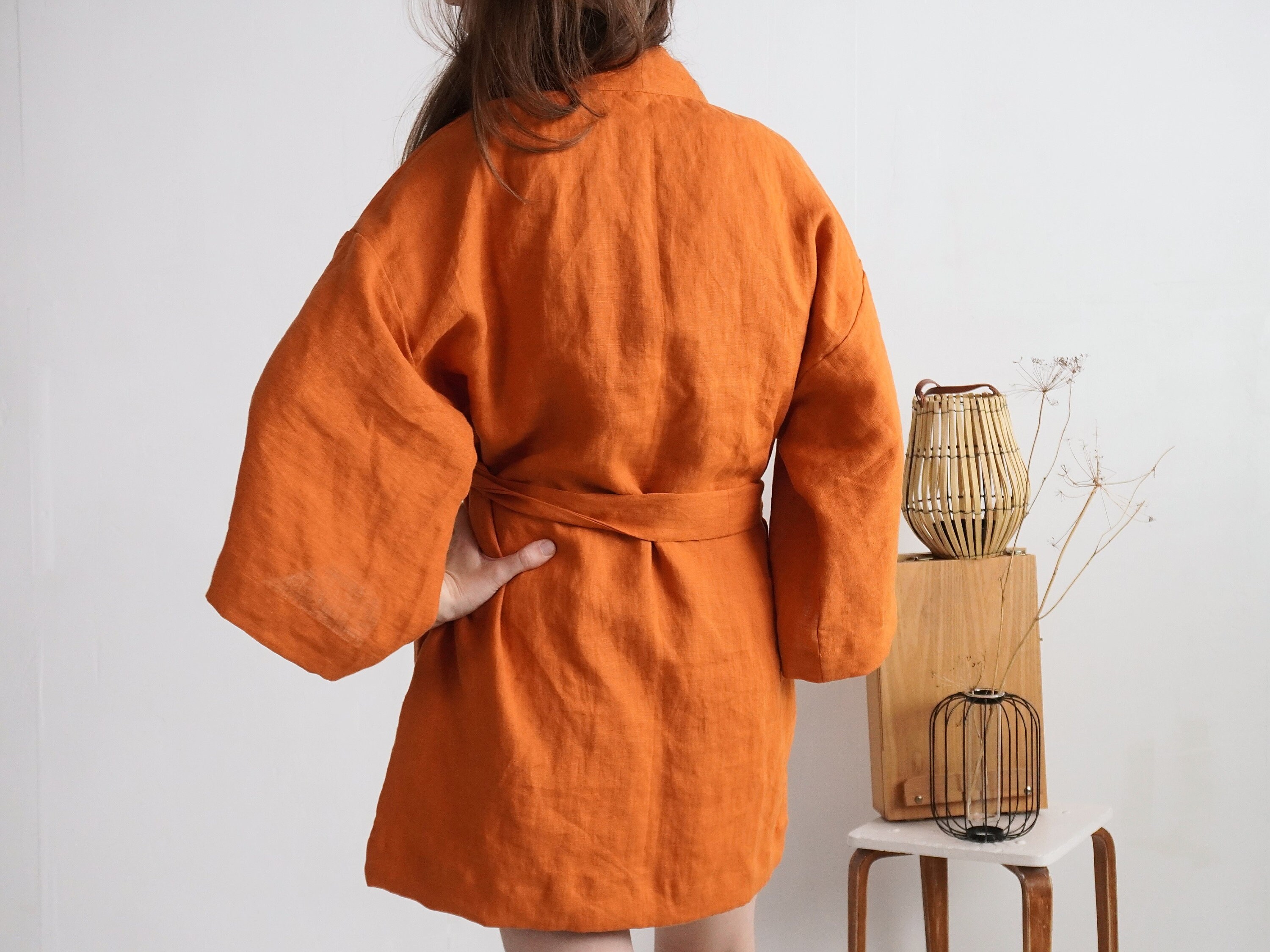 Linen kimono robe. Short linen robe. Soft linen lounge wear. Etsy