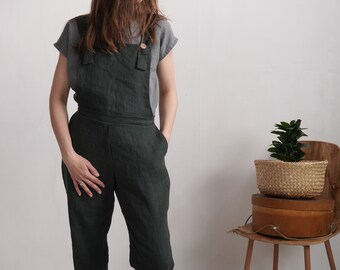 100% Linen Dungarees, Natural Stone Washed Jumpsuit with Pockets - SHANNON