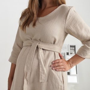 Trapeze pregnancy dress. Linen maternity dress. Linen pregnancy dress with belt. Linen new mom dress. Fall winter pregnancy dress - JAPURA