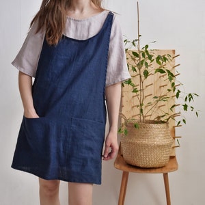 Short Linen Apron Dress. Washed Linen dress. Pinafore Dress. Oversize Linen tunic. Pinafore Linen dress. Linen romper with pockets - ALABAMA