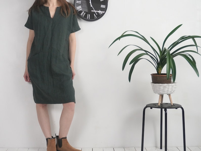 On SALE Ready to Ship, Xs, S, L, XL sizes. Linen midi dress. Washed linen dress. Soft linen V-neck dress. Washed linen dress-INDUS image 1