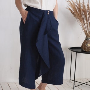 On SALE Ready to Ship, S size. Linen capri pants. Wide leg capri trousers. Linen capri pants with ruffle. Summer pants.Ruffle pants-BARCOO image 1