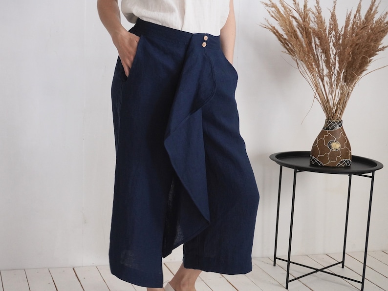 On SALE Ready to Ship, S size. Linen capri pants. Wide leg capri trousers. Linen capri pants with ruffle. Summer pants.Ruffle pants-BARCOO image 1