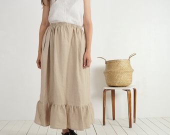 Linen ruffle maxi skirt. Long linen skirt. Natural ruffled skirt. Tired long skirt. Linen maxi skirt pockets. Ruffled bottom skirt - IRIRI