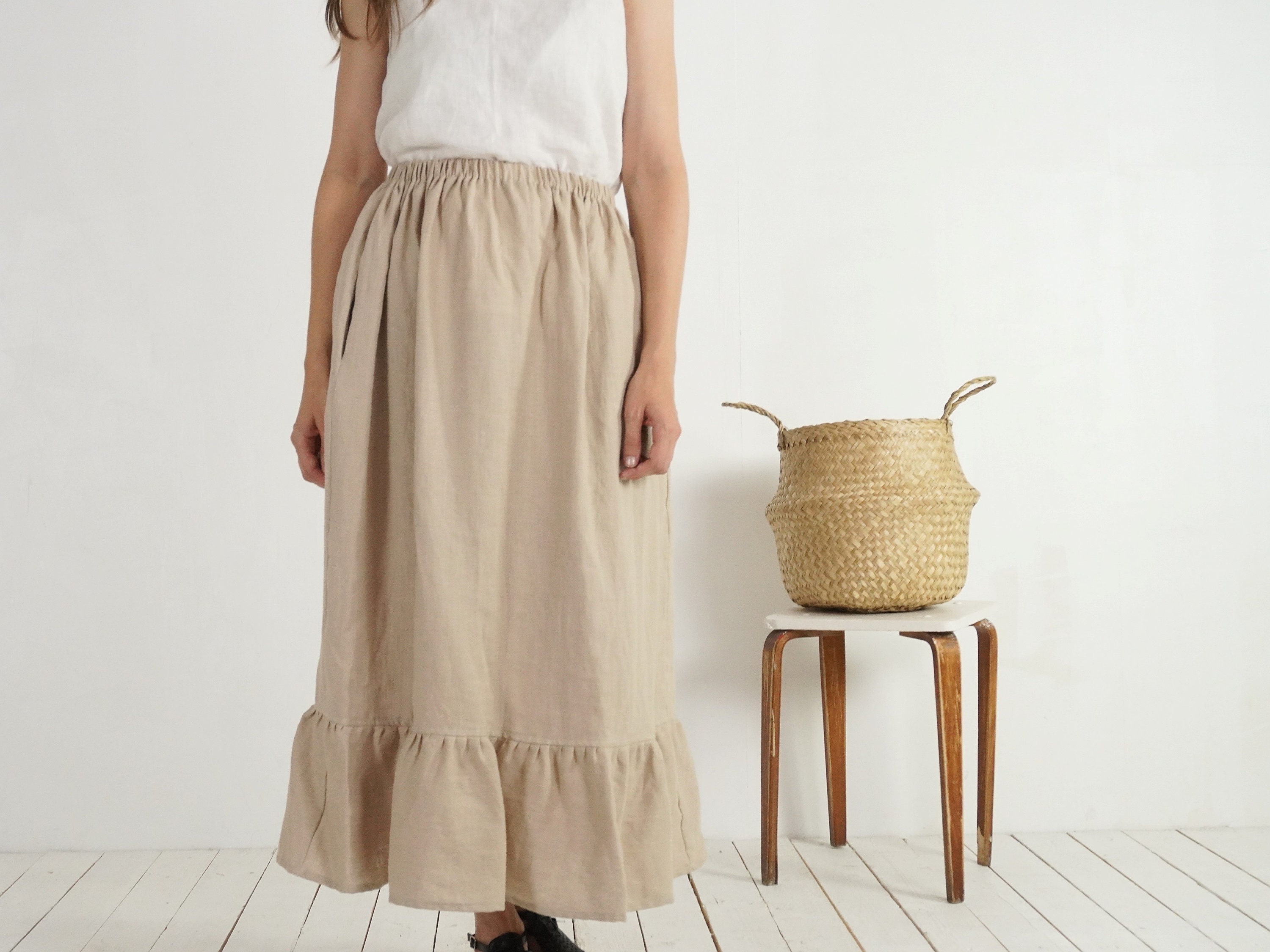 Linen Ruffle Maxi Skirt. Long Linen Skirt. Natural Ruffled Skirt