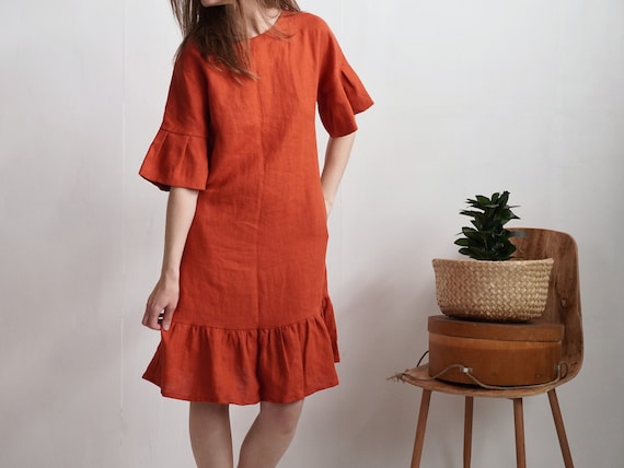 Ruffled dress. Retro linen dress. linen ruffle dress. Summer dress. Women linen dress. Ruffled sleeve dress. Evening swing dress - SALADO
