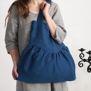 Linen ruffle bag. Linen double layer tote bag. Ruffle shoulder bag. Everyday shoulder bag. Reusable linen shoppers bag. Washed Linen Bag image 3