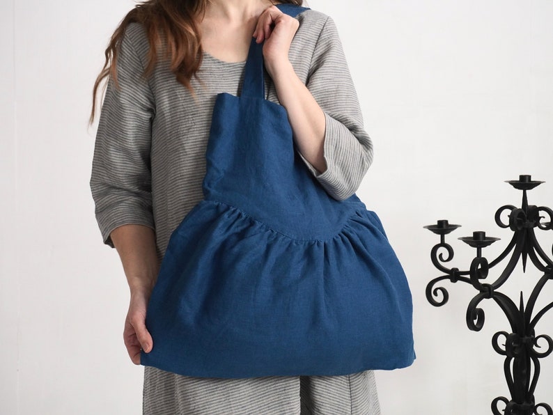 Linen ruffle bag. Linen double layer tote bag. Ruffle shoulder bag. Everyday shoulder bag. Reusable linen shoppers bag. Washed Linen Bag image 3