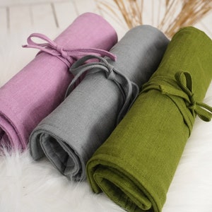 Étui en lin enroulable pour stylos crayons marqueurs pinceaux Fournitures cosmétiques en lin Étui en lin enroulable avec fermeture par cordons et pliable