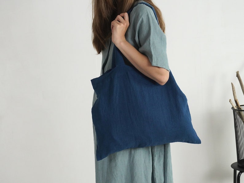 Wide linen shopping bag. Linen shoulder bag. Market bag. Natural linen tote bag. Beach bag. Grocery bag. Street bag. Linen beach tote bag. image 7