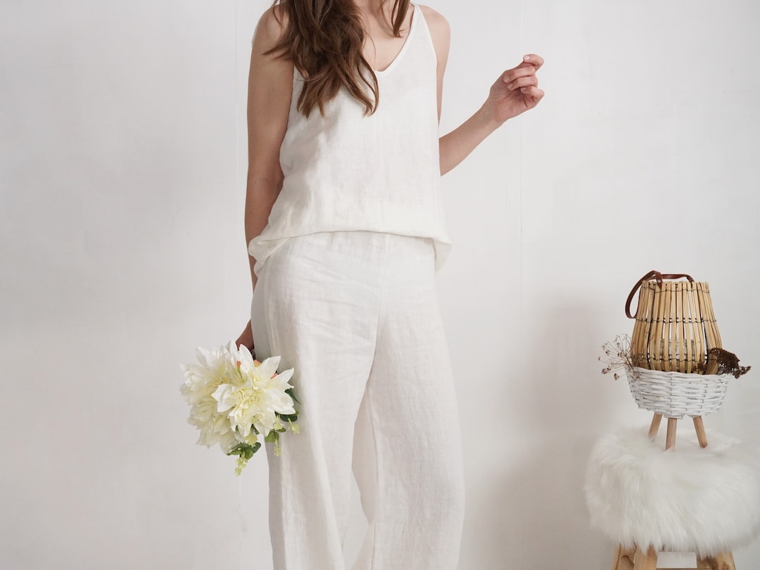 Linen Wedding Pantsuit. Simple Linen Wedding Outfit. Linen Top and