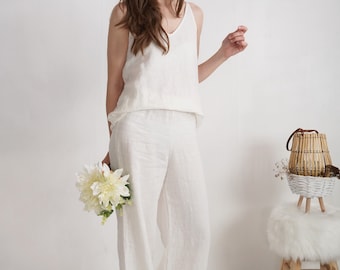 Tailleur-pantalon de mariée en lin. Tenue de mariage simple en lin. Ensemble haut et pantalon en lin pour femme. Tenue d'été en lin durable. Ensemble pour femmes en lin.