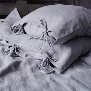 Linen pillowcase with ties. Washed bow tie pillow cover.  Linen pillow case. Softened linen pillowcase. King, Queen linen pillowcase.