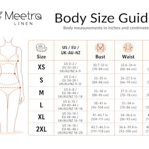以下が含まれることがあります： Meetra Linenのボディサイズガイド表。バスト、ウエスト、ヒップを示す線画の図と、XSから2XLまでのサイズ、US、EU、UK、AU、NZのサイズ表記、およびセンチメートル単位の測定値が記載された表が含まれています。