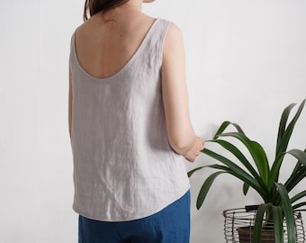 100% Linen Low Back Tank Top – Softened European Fabric, Summer Blouse - KANG