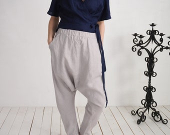 100% Linen Harem Pants, Baggy Drop Crotch Boho Yoga Trousers - ISHIM