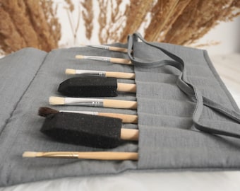 Linen roll up case for pens pencils markers brushes Linen cosmetics supplies wrap linen case with cords closure and fold over linen roll up