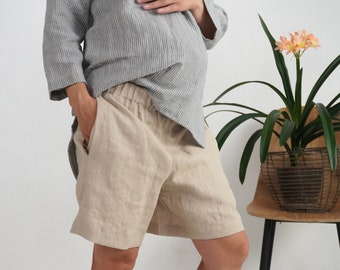 Linen maternity shorts. Maternity outfit. Linen mom shorts. Maternity linen clothing. Plus size maternity. Maternity shorts. Pregnancy - DON