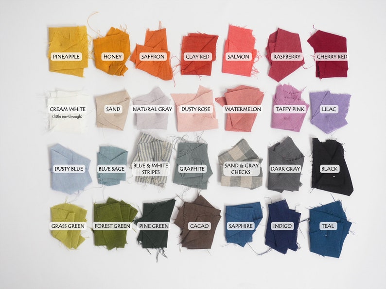 Peut inclure: Un ensemble de 36 &eacute;chantillons de tissu de diff&eacute;rentes couleurs et motifs, notamment ananas, miel, safran, rouge terre, saumon, framboise, rouge cerise, blanc cr&egrave;me, sable, gris naturel, rose poudr&eacute;, past&egrave;que, rose bonbon, lilas, bleu poussi&eacute;reux, sauge bleue, rayures bleu et blanc, graphite, carreaux sable et gris, gris fonc&eacute;, noir, vert herbe, vert for&ecirc;t, vert pin, cacao, saphir, indigo et sarcelle.