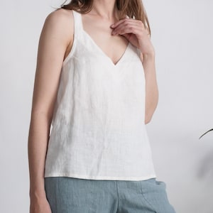 Cross back linen top. Minimal linen top. Linen slip blouse. Summer camisole blouse. V-neck linen tank top. Natural linen blouse - LOIRE