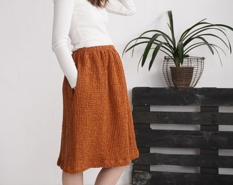 Waffle linen skirt. Aline linen skirt. Linen skirt with pockets. Waffle midi linen skirt. Winter women linen skirt . Autumn flowy skirt- OKA