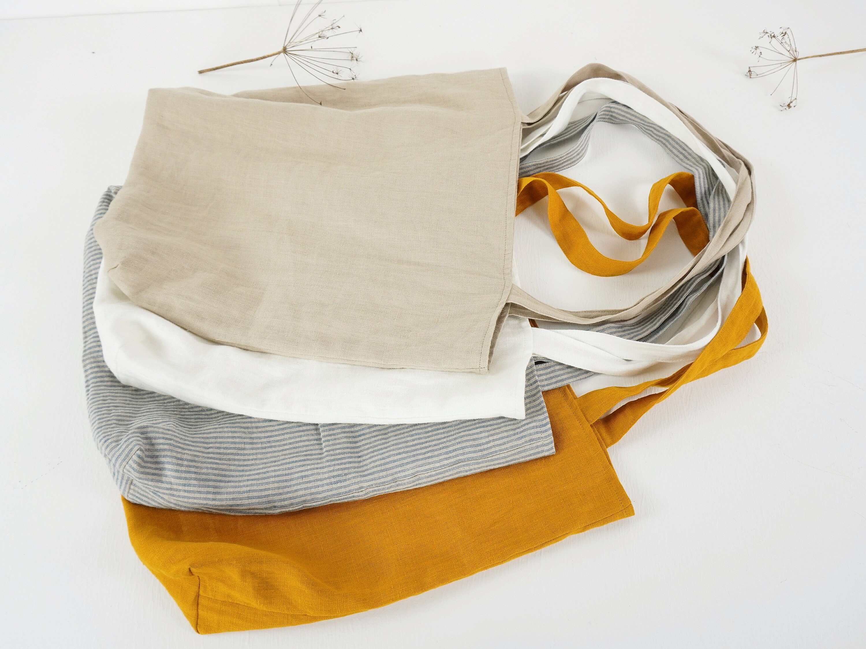 Linen Double Layer Tote Bag. Linen Shoulder Bag. Natural