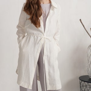 Linen long jacket. Natural linen jacket. Womens jacket. Linen cardigan. Linen cover up with belt. Natural linen jacket with pockets EMAJEGI image 1