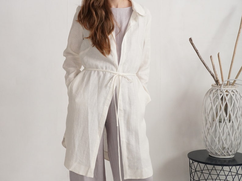 Linen long jacket. Natural linen jacket. Womens jacket. Linen cardigan. Linen cover up with belt. Natural linen jacket with pockets EMAJEGI image 1
