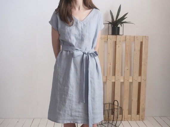 Linen V-neck Dress With Belt. Womans Linen Dress. Short Sleeve Dress. V-neck  Dress. Loose Linen Dress. Natural Linen Summer Dress - DARLING - Etsy
