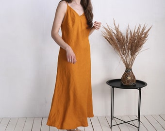 Open back linen strap dress. Deep V back linen dress. Linen sundress dress. Linen nightgown. Linen slip dress. Linen nightdress - YAMUNA