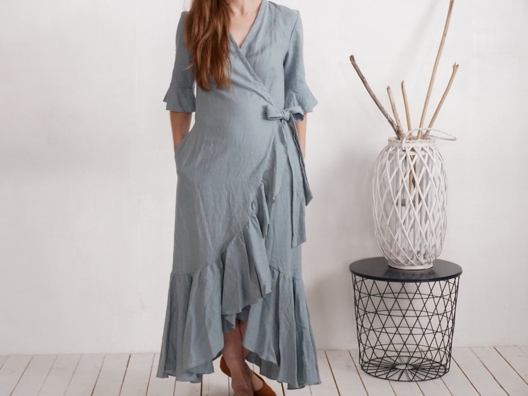 Long Wrap Linen Dress. Romantic Ruffle Linen Dress. Evening Linen Dress ...