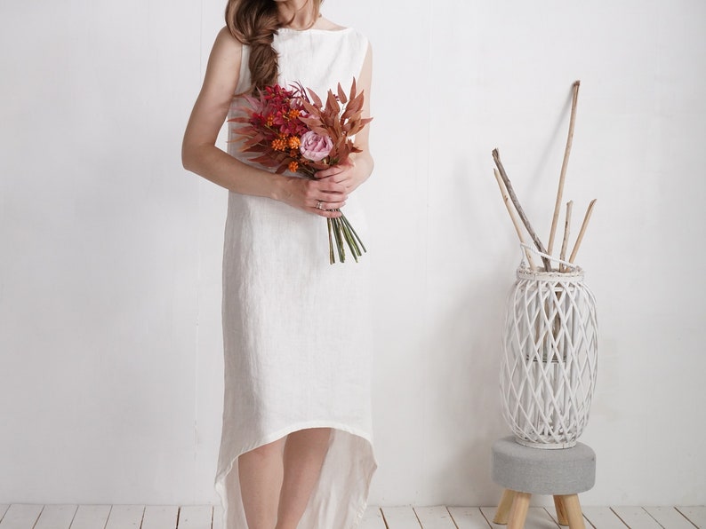 Linen wedding dress longer back. Linen long gown. Linen evening dress. Barn wedding dress. Eco linen wedding. White linen dress PEARL image 3