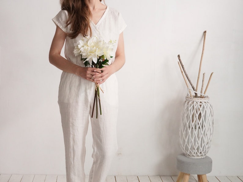 Linen wedding jumpsuit. Bridal jumpsuit. Linen white jumpsuit. Linen wedding pantsuit. Wedding linen romper. Linen wedding romper PARANA image 2