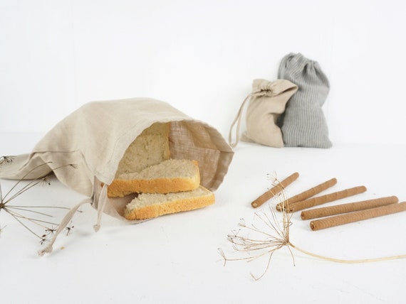 Set di 4 sacchetti per il pane in lino con cordino di serraggio