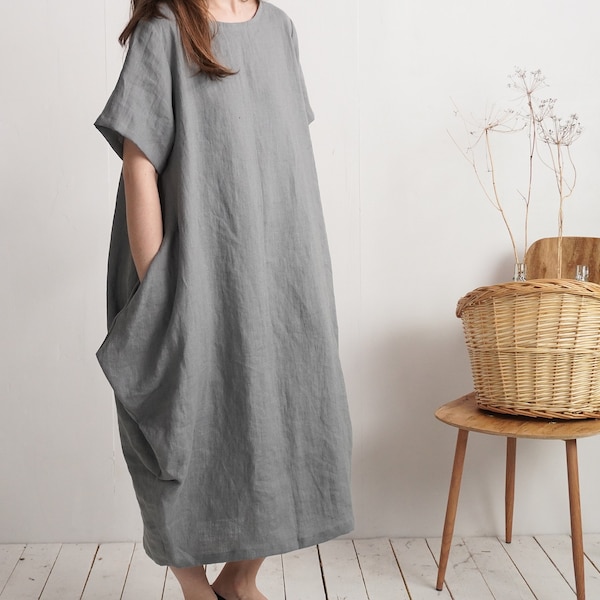 Linen oversize dress. Linen balloon dress. Loose boho linen dress. Linen maternity dress. Minimalist clothing. Sustainable clothing- BLANDA