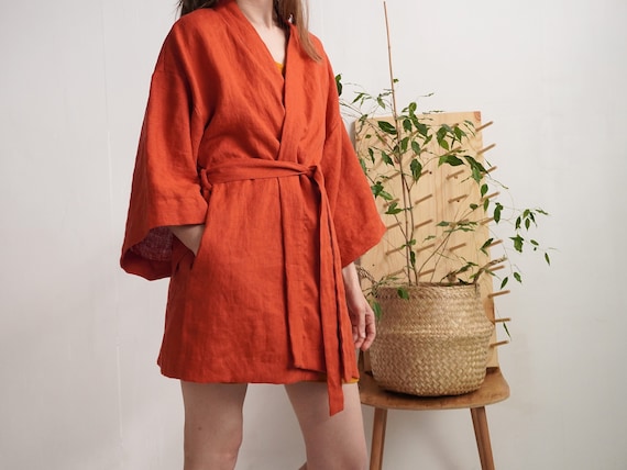 Short Linen Kimono Wrap with Belt • Bohemian Kimono Jacket For