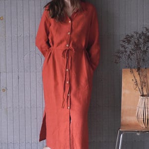 Linen long sleeve shirt dress. Minimalist shirt buttons down dress with pockets. Long sleeves autumn dress. Dress with slits - YELLOWSTONE