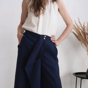 On SALE Ready to Ship, S size. Linen capri pants. Wide leg capri trousers. Linen capri pants with ruffle. Summer pants.Ruffle pants-BARCOO image 6