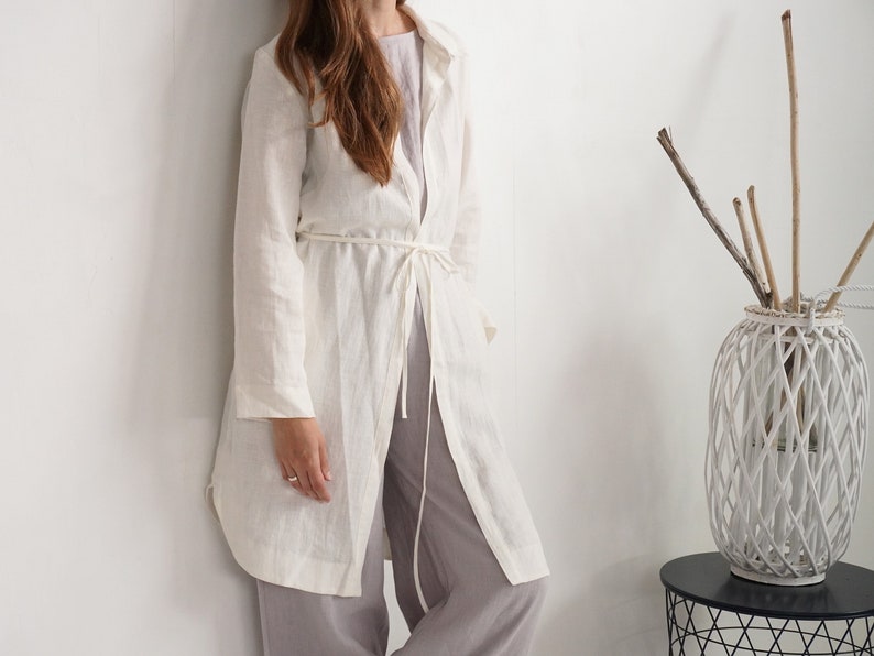 Linen long jacket. Natural linen jacket. Womens jacket. Linen cardigan. Linen cover up with belt. Natural linen jacket with pockets EMAJEGI image 4