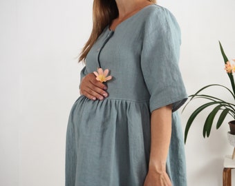 Boho linen nursing dress. Pregnancy 100% linen dress. Linen breastfeeding dress. Maxi pregnancy dress. Linen loose maternity dress - NARMADA