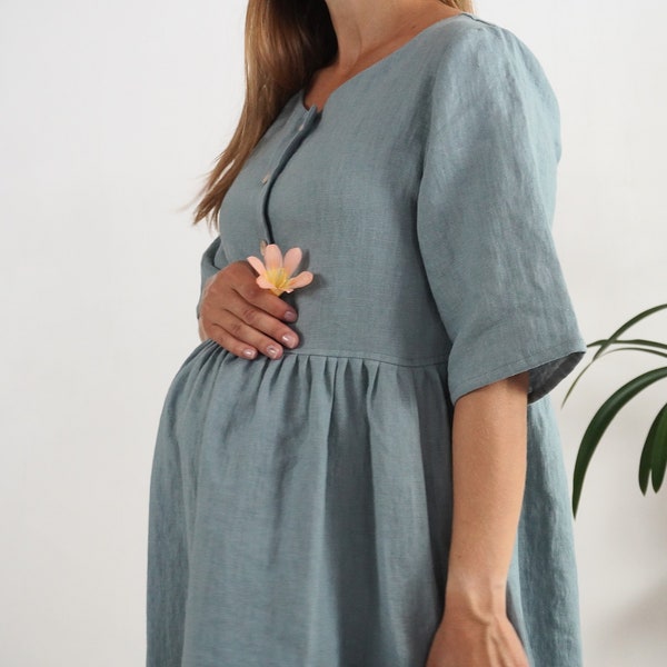 Boho Stillkleid aus Leinen. Schwangerschaftskleid aus 100% Leinen. Stillkleid aus Leinen Maxi Schwangerschaftskleid. Lockeres Umstandskleid aus Leinen - NARMADA