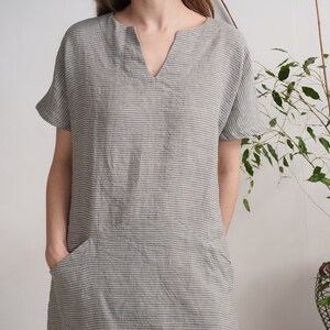 Linen midi dress. Linen dress. Washed linen dress. Soft linen V-neck dress. Washed linen dress with pockets. Linen natural dress INDUS image 3