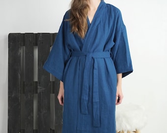 Linen robe. Bridal robe for bride. Linen kimono robe dress. Wedding white linen robe. Robe with pockets. Maxi length robe - GILA